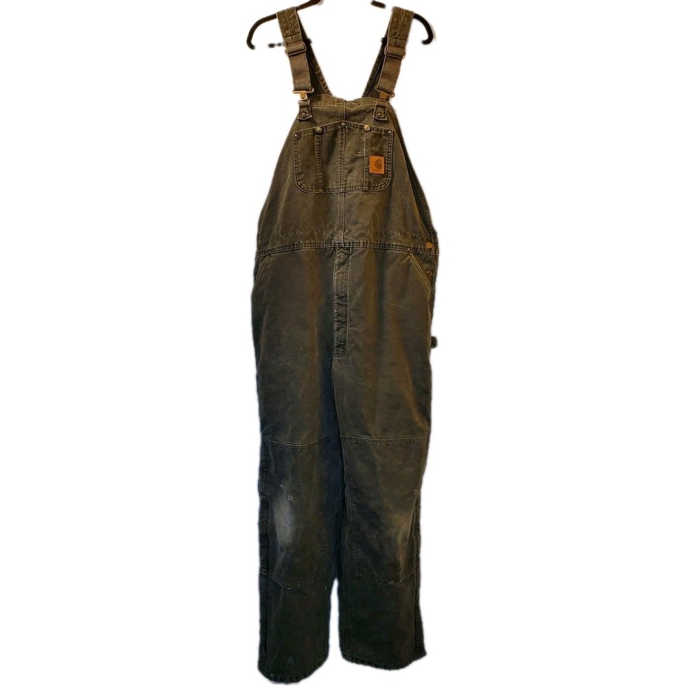 VTG Carhartt Overalls 46x34 Green R27 MOS Insulated Duck Bib Quilted Double Knee